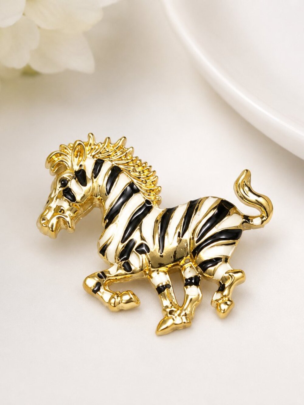 Gold Zebra Brooch | Black Enamel Animal Pin | Statement Brooch